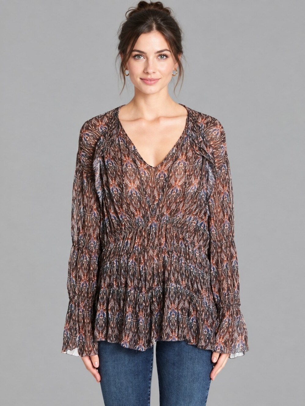 ❤️ IRO PRINTED BELL SLEEVE RUFFLE JANIE TUNIC TOP, 16W